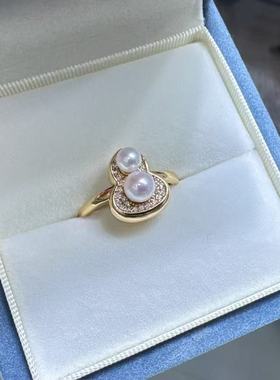 葫芦福禄~天然珍珠戒指4-5mm极光淡水珍珠正圆极微暇925银