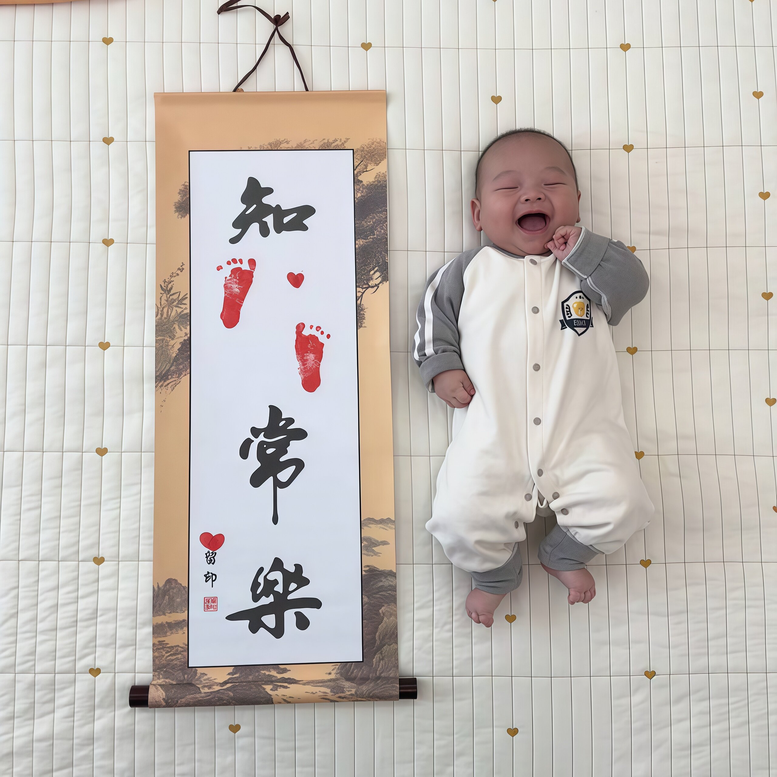 婴儿知足常乐满月脚印挂画周岁百手脚印