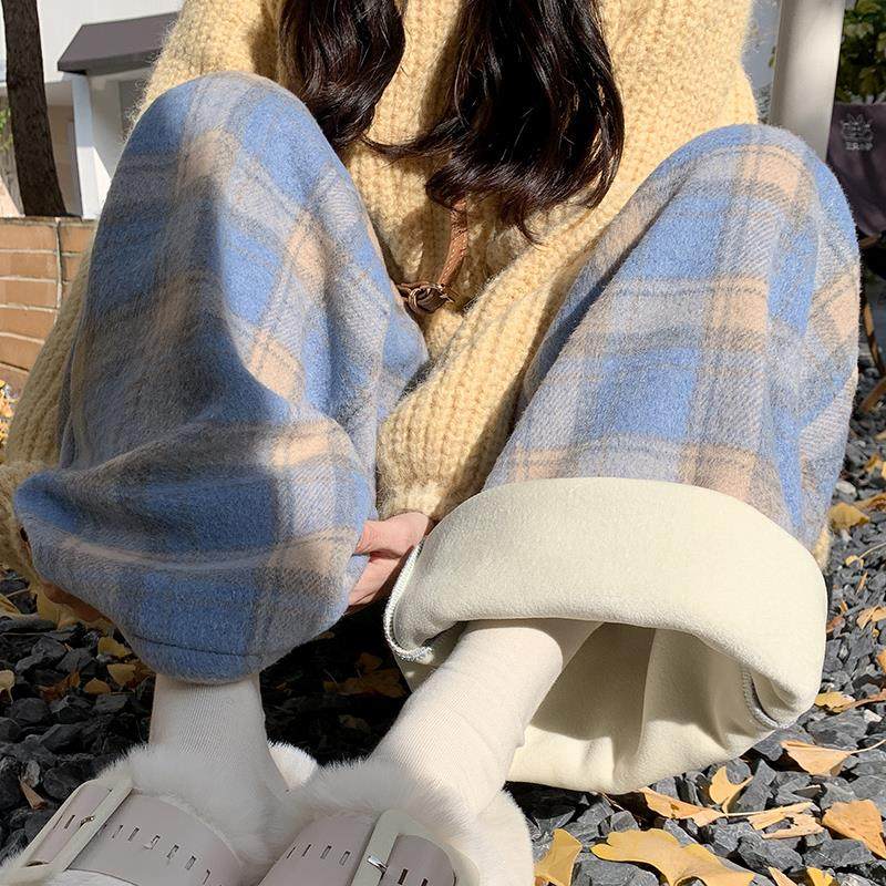 加绒蓝色格子裤子女秋冬2024新款高腰保暖棉裤直筒休闲毛呢阔腿裤