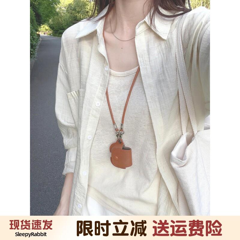 薄款棉麻防晒衬衫开 衫女小个子设计感微透外搭衬衫吊带背心两件