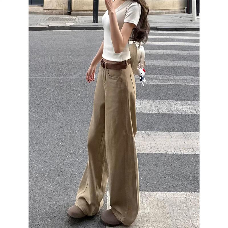 美式复古卡其色直筒牛仔裤女春季新款胖妹妹mm高腰宽松显瘦阔腿裤