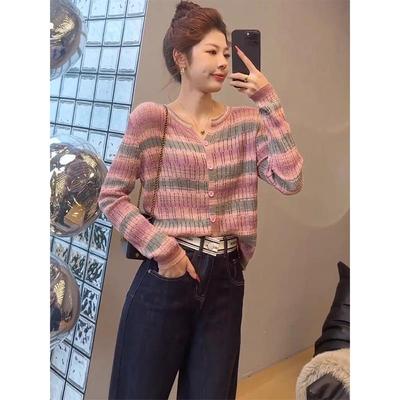 减龄穿搭一整套2025春季新款高级感条纹圆领针织开衫牛仔裤两件套