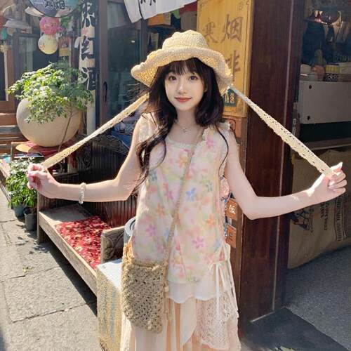 夏日绝美穿搭套装多巴胺甜美碎花无袖背心衬衫半身裙女夏两件套甜