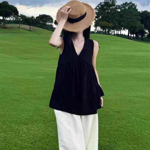 法式复古深V领无袖吊带背心女夏老钱风宽松显瘦休闲挂颈坎肩上衣
