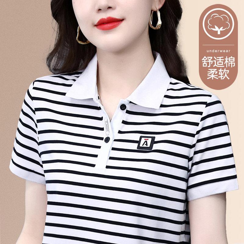 黑白条纹短袖t恤女洋派2026新款翻领夏装中年妈妈polo衫薄款上衣