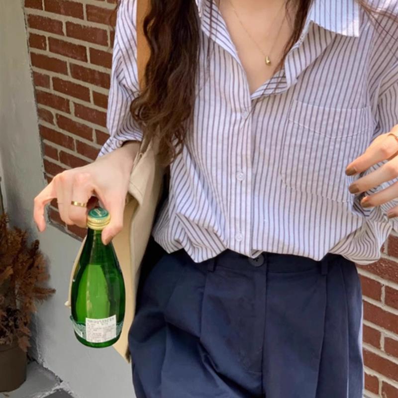 粉色条纹衬衫女夏季薄款2026新款防晒开衫衬衫宽松小个子上衣外套