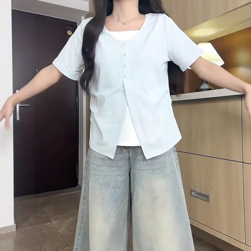 大码胖mm纯棉减龄撞色假两件短袖T恤女夏设计感正肩休闲显瘦上衣