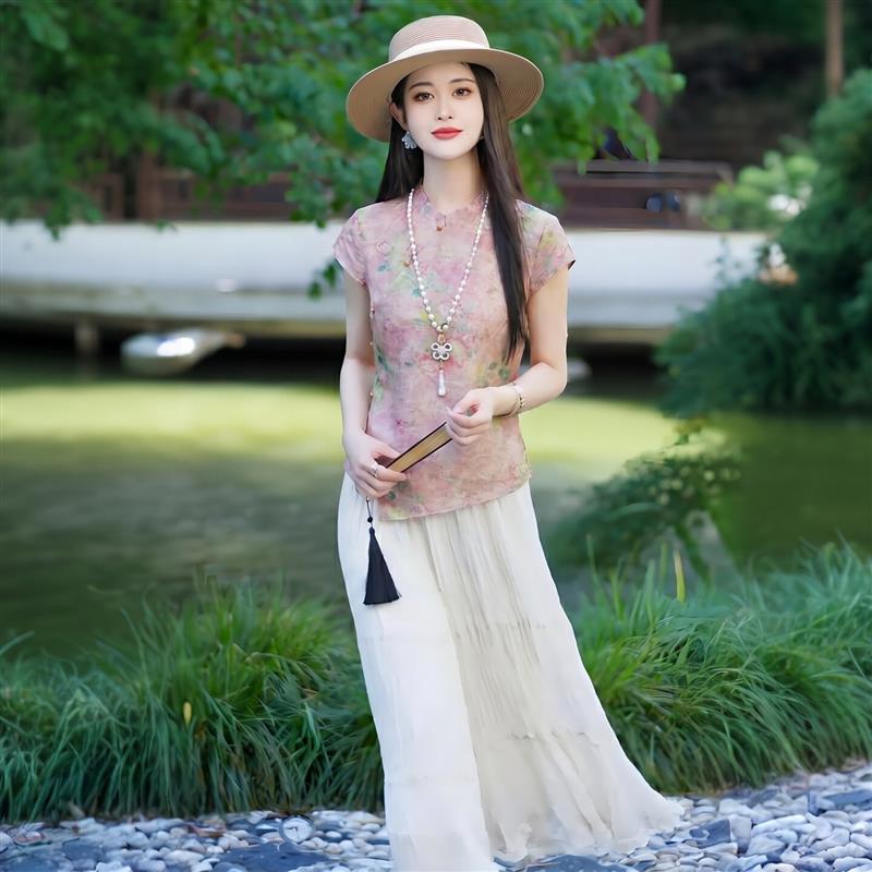 时尚国风盘扣短袖衬衫女装夏天新款中式复古提花上衣洋派显瘦衬衫