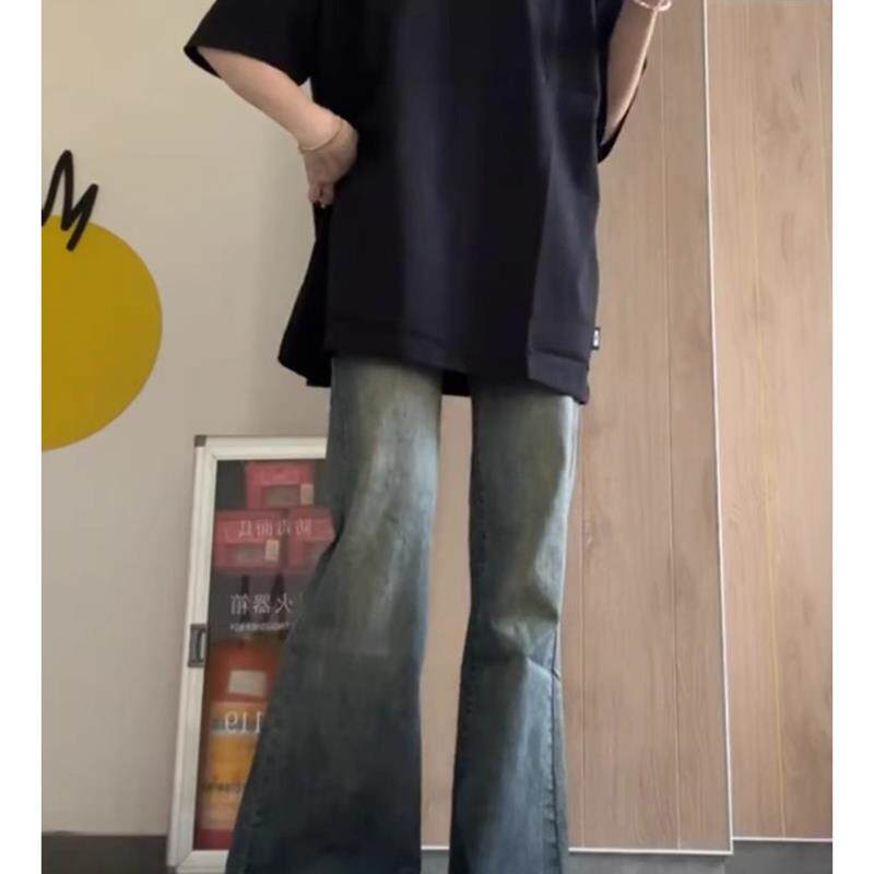 春秋美式高街微喇叭牛仔裤女夏季薄款2025新款直筒窄版阔腿裤子潮
