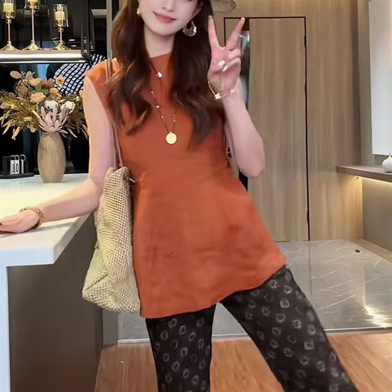 韩式圆领无袖棉麻衬衫+印花微喇裤两件套女2026夏新宽松显瘦一套