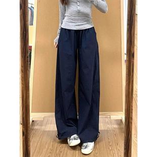 裤 新款 藏青色速干工装 子女夏季 高腰显瘦阔腿裤 小个子休闲风直筒裤