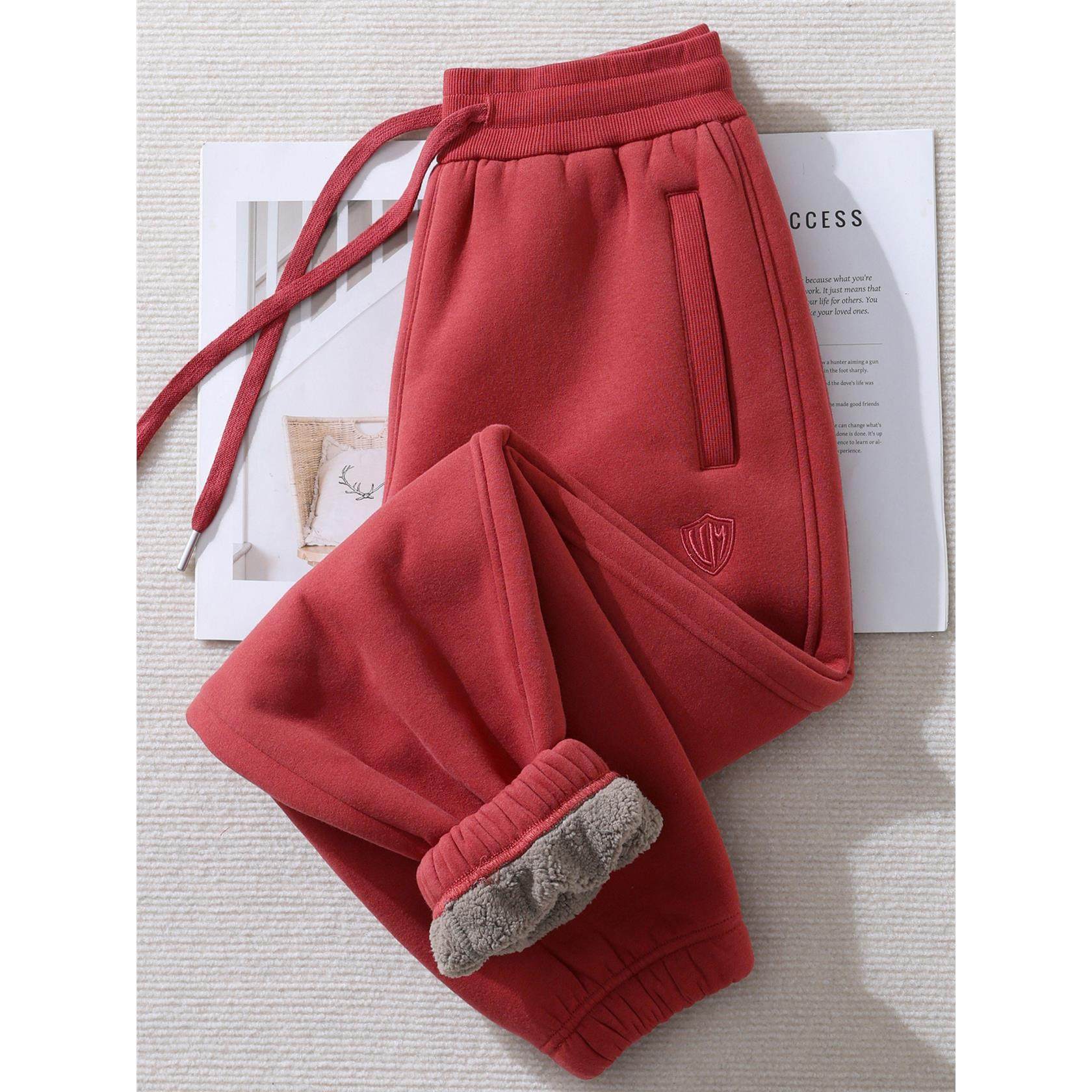 纯棉超厚保暖羊羔绒卫裤女2025新款束脚裤加绒加厚冬季红色裤子