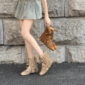 波西米亚风尖头镂空增高西部靴 女夏2026新款 夏季 复古流苏罗马凉鞋