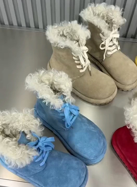 小众设计厚底加绒雪地靴女冬季韩版加厚蓝色短靴保暖防滑毛毛棉鞋
