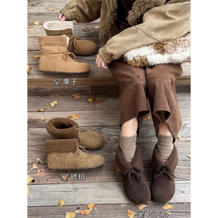 雪地靴子 女加绒短靴毛毛棉鞋 2025新款 秋冬小众两穿翻领厚底勃肯鞋