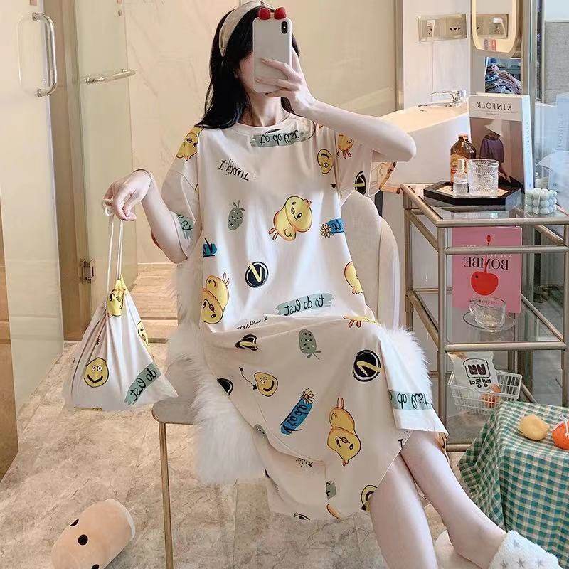 睡裙女夏季韩版春秋学生家居服可爱薄款短袖卡通宽松孕妇睡衣夏天