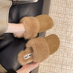 棕色减龄包头毛毛拖鞋 女士冬天外穿懒人一脚蹬休闲棉拖居家毛毛鞋