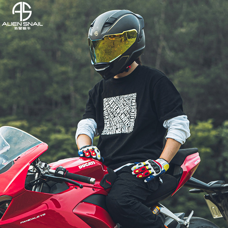 外星蜗牛摩托车骑行服纯棉假两件T恤男圆领长袖上衣机车骑士服