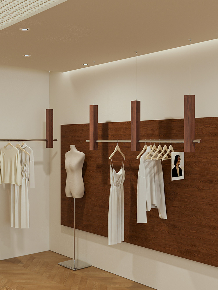 服装店展示架不锈钢吊架胡桃木色吊顶悬挂挂衣架中古风女装店货架