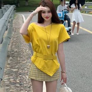 欧洲站时尚 不规则露肩T恤格子半身短裙两件套潮 套装 女2025年夏季