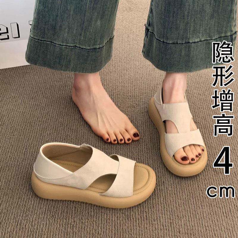 香港真皮厚底露趾凉鞋女夏外穿2025新款软底不累脚两穿罗马凉拖鞋