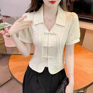 短袖 盤扣洋氣上衣女士短款 2025夏季 新款 女薄款 小衫 新中式 雪紡襯衫