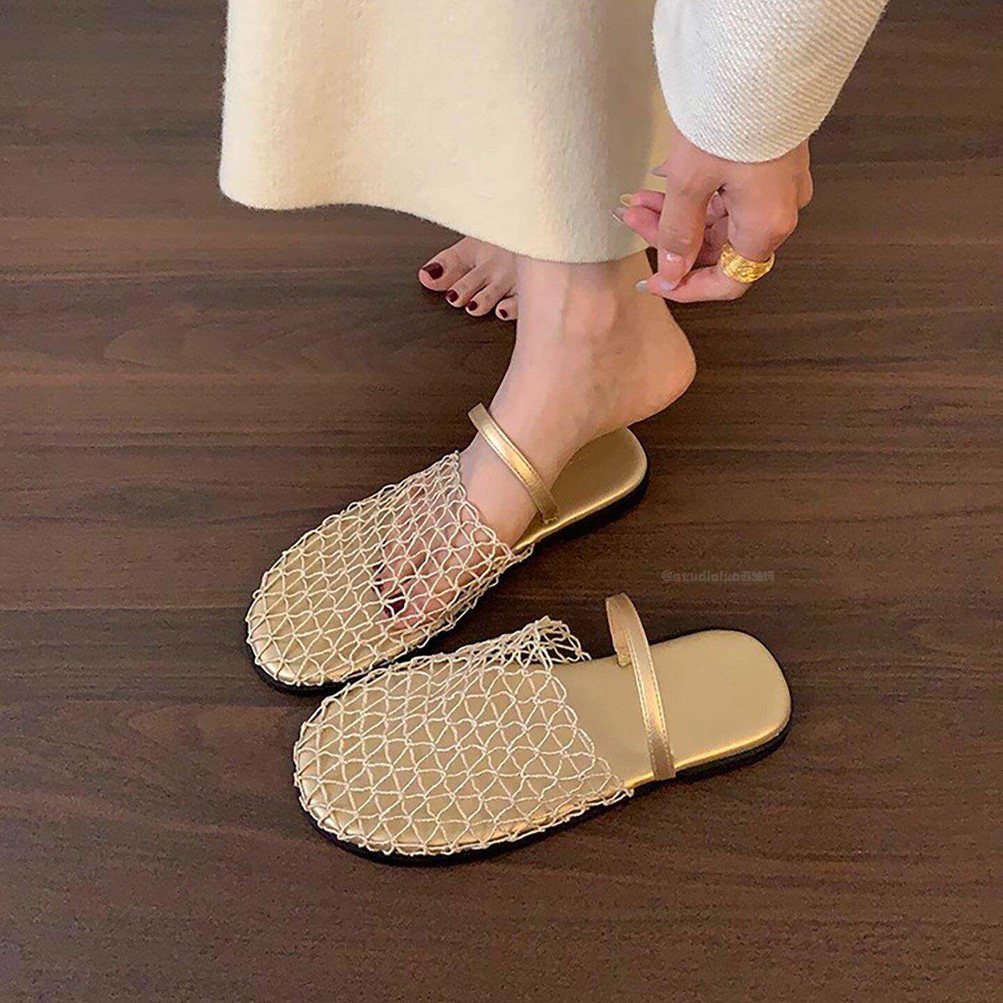 香港时尚包头渔网拖鞋女2025夏季新款外穿海边配裙子平底罗马凉鞋