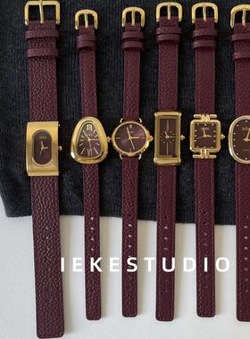 IEKE安可拉红显白复古女士手表小众时尚轻奢高级感女款皮带石英表