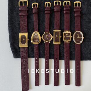 IEKE安可拉红显白复古女士手表小众时尚轻奢高级感女款皮带石英表