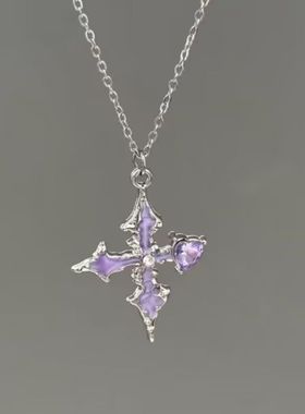 暗黑风紫心十字架爆闪锁骨链