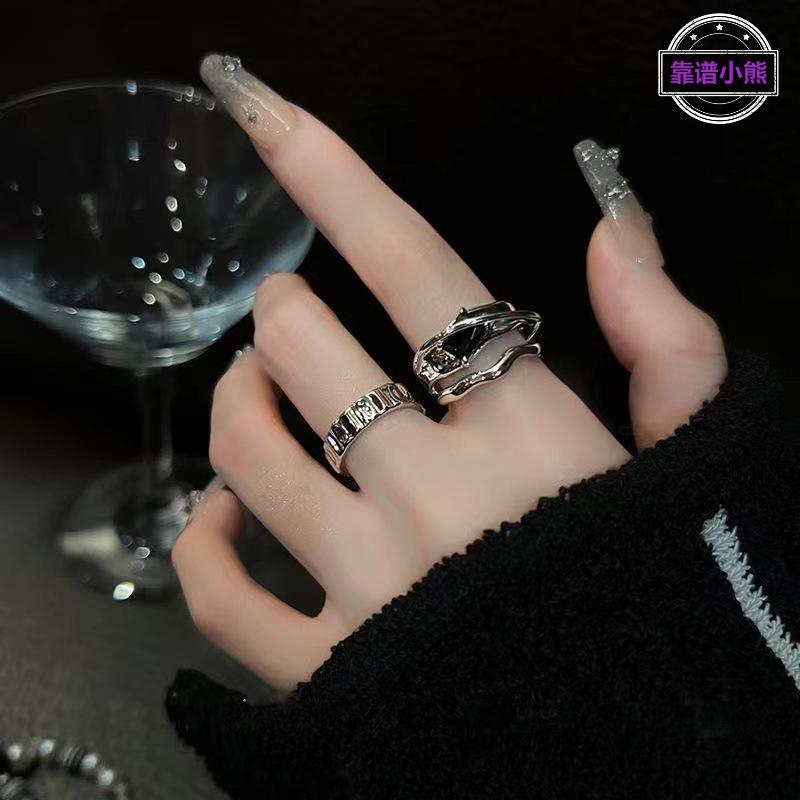 欧美几何冷淡风黑水晶戒指小众