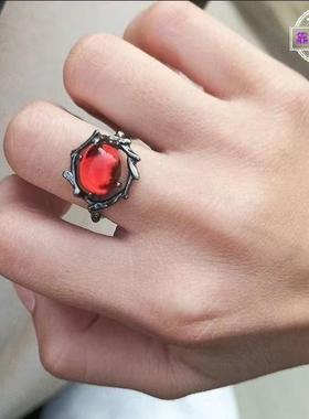 复古红几何宝石设计戒指男女小众
