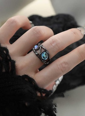 小众个性月光石黑白男女情侣戒指