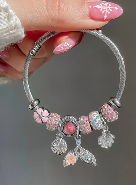 新款潘家多啦不锈钢手镯镶钻串珠