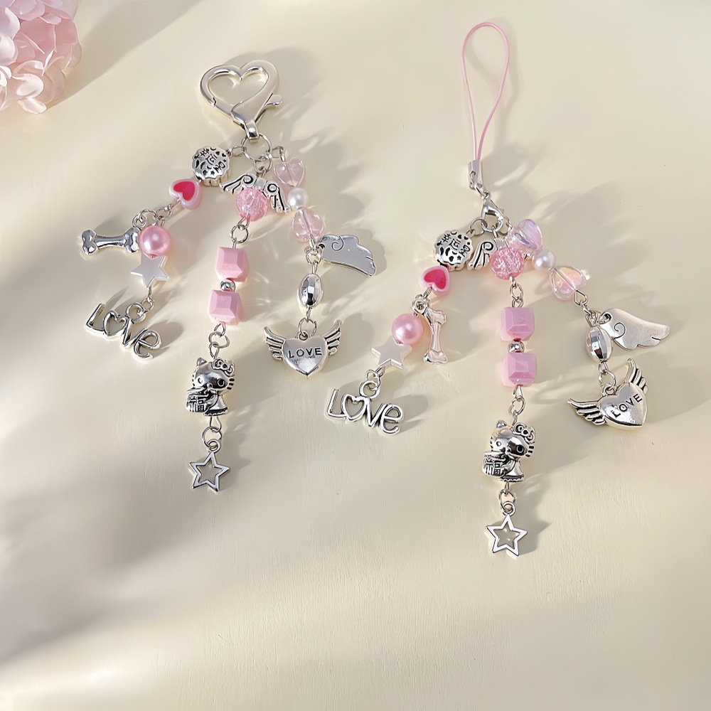 LOVE爱心KT猫手机链包包挂饰diy手工串珠防丢手机链合金车载挂件