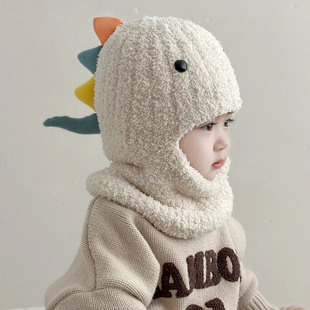 儿童恐龙一体帽子婴儿秋冬季男女宝宝保暖护耳毛绒帽护耳套头围脖