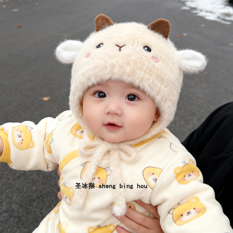 秋冬季宝宝护耳帽子可爱超萌加厚毛绒针织套头保暖防风帽男女婴儿