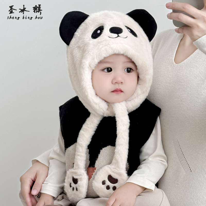 冬季宝宝护耳帽子可爱毛绒加绒保暖套头一体帽男女童熊猫超萌防风