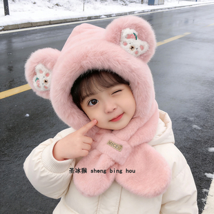 宝宝帽子秋冬季可爱毛绒加厚护耳围巾一体帽男女童外出卡通保暖帽
