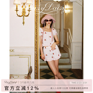 Daisy 短裤 Nara法式 纯棉睡衣短袖 家居服 樱桃刺绣方领泡泡袖 Lazy