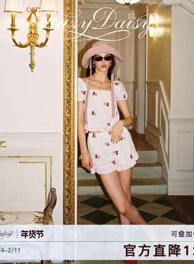 Lazy Daisy Nara法式樱桃刺绣方领泡泡袖纯棉睡衣短袖短裤家居服