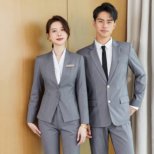 V领西装套装男女春秋气质酒店前台接待职业装物业管理人员工作服