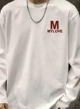 美式重磅纯棉白色长袖T恤男装打底衫春秋冬洋气内搭圆领宽松上衣