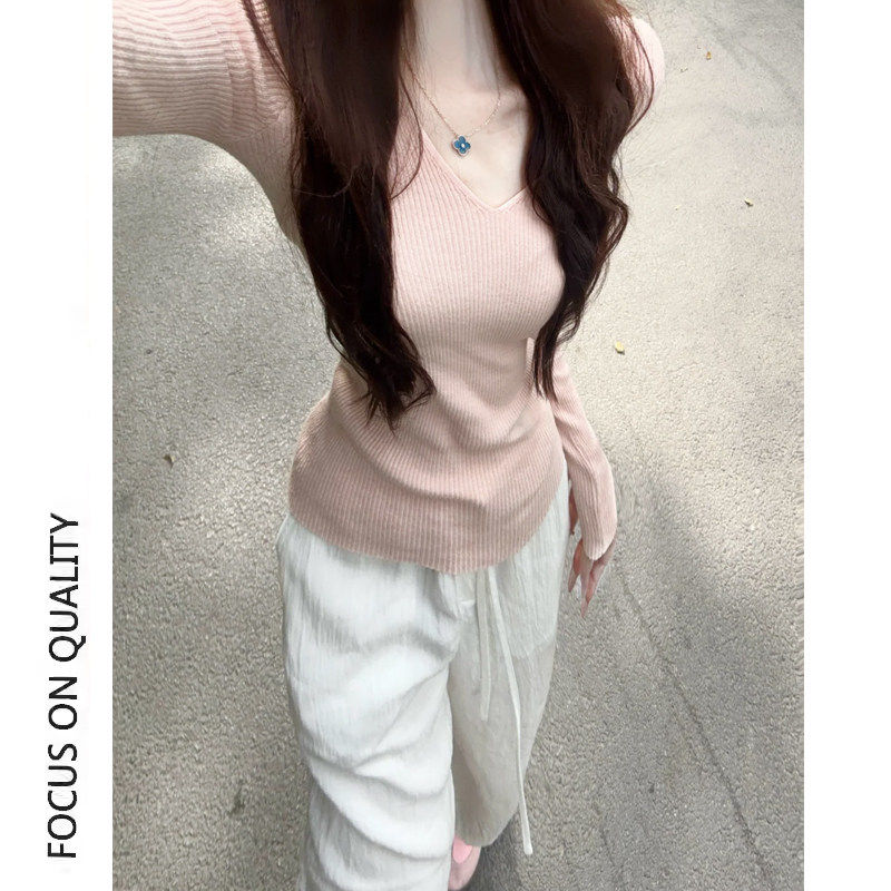 修身针织打底衫女秋冬季2025新款粉色套头毛衣高级感内搭长袖上衣