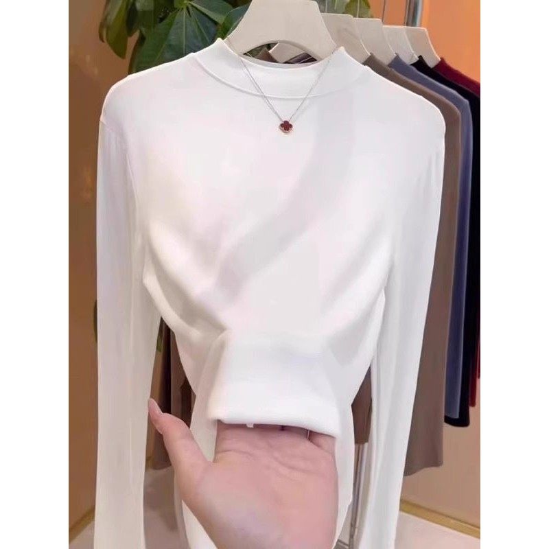 白色半高领长袖T恤女2025年秋季大码胖MM修身纯色内搭打底衫上衣