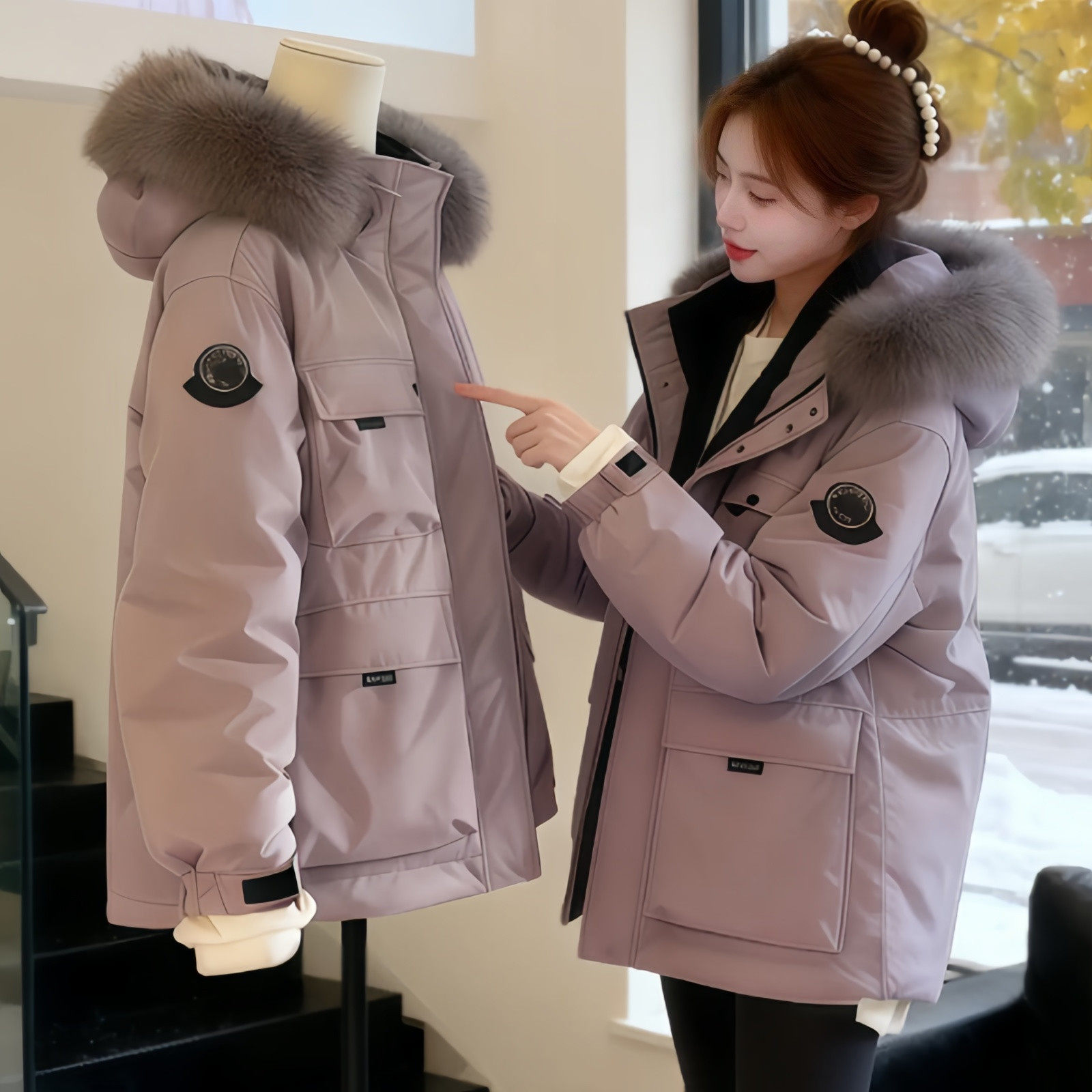 巨好看的冰晶紫工装羽绒棉服女2025冬季新款小个子棉袄派克服外套