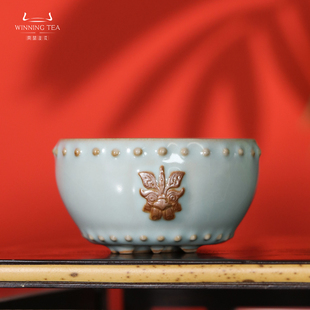 汝窑天青手工鸡首战鼓杯问鼎格物景德镇茶杯主人杯家用杯子精致