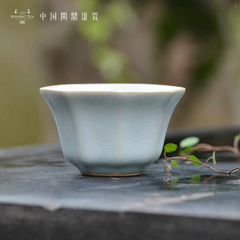 问鼎汝瓷主人杯天青紫金釉老款八方杯高端手工茶杯开片可养景德镇