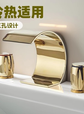 黑色三孔水龙头冷热美式复古洗脸盆面盆龙头分体式三件套瀑布