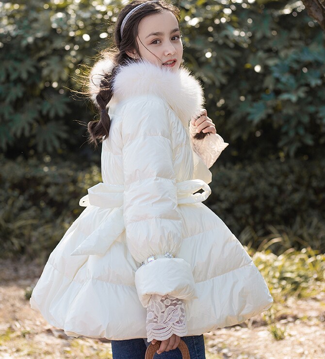 女童90白鸭绒羽绒服洋气中大童冬装公主中长款加厚时尚免洗外套潮